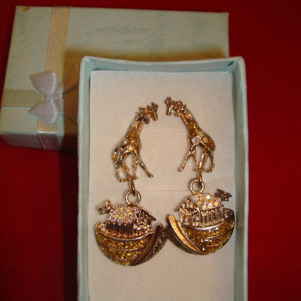 Vintage Noah's Ark Dangle Earrings rhinestones silver and gold sparkling pierced